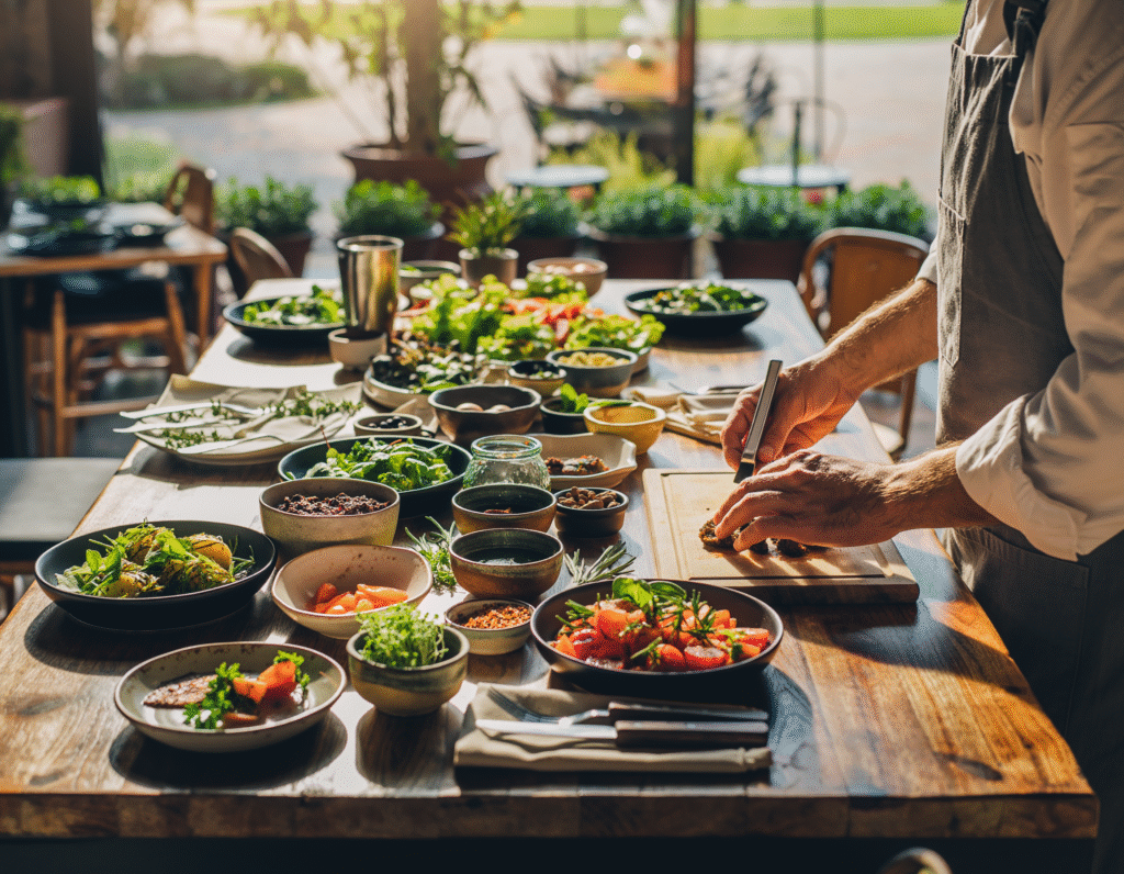 Menu restaurant écoresponsable EKO : plats locaux, bio et durables présentés avec des ingrédients frais